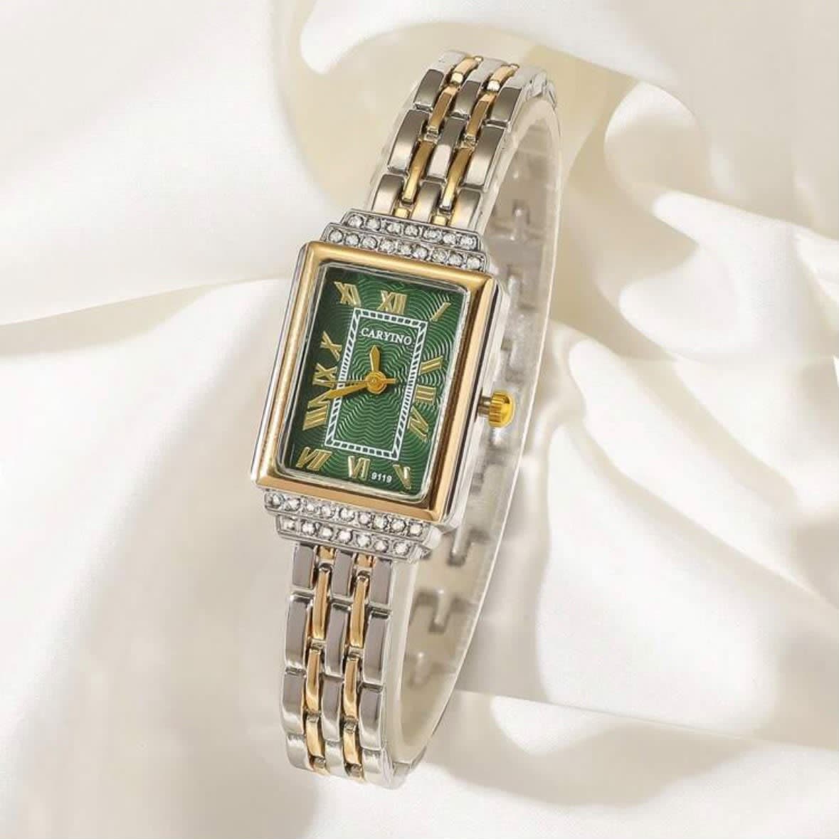 Emerald Silver/Golden Rectangle Dial Stainless Steel Watch