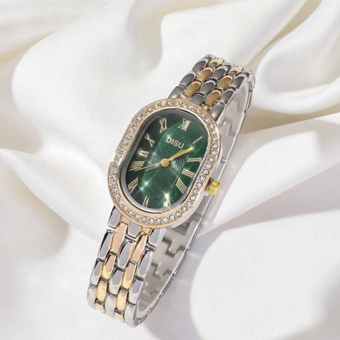 Emerald Silver/Golden Oval Dial Stainless Steel Watch