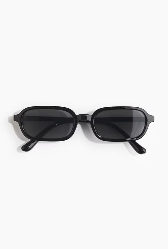 Black, Slim Rectangular Frame Sunglasses With Dark Tinted Lenses